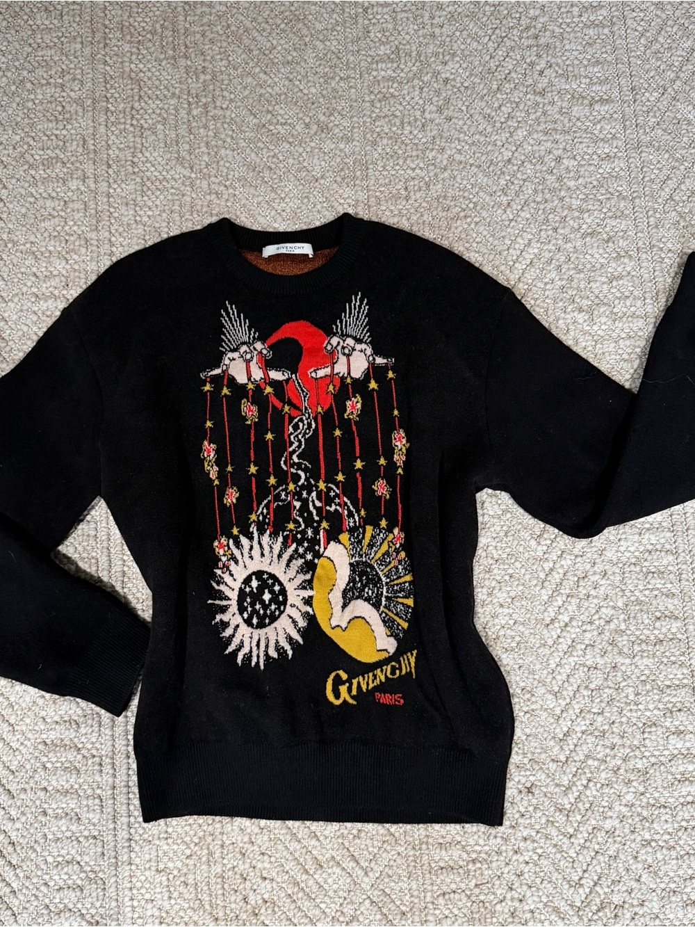 Givenchy Libra Intarsia Black Crewneck Sweater with Multicolor Embroidered Motif